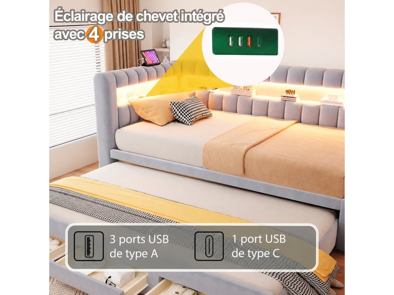  Canapé-lit 90 x 190 cm, velours gris clair, lit gigogne, led et tiroirs  - Conforama D