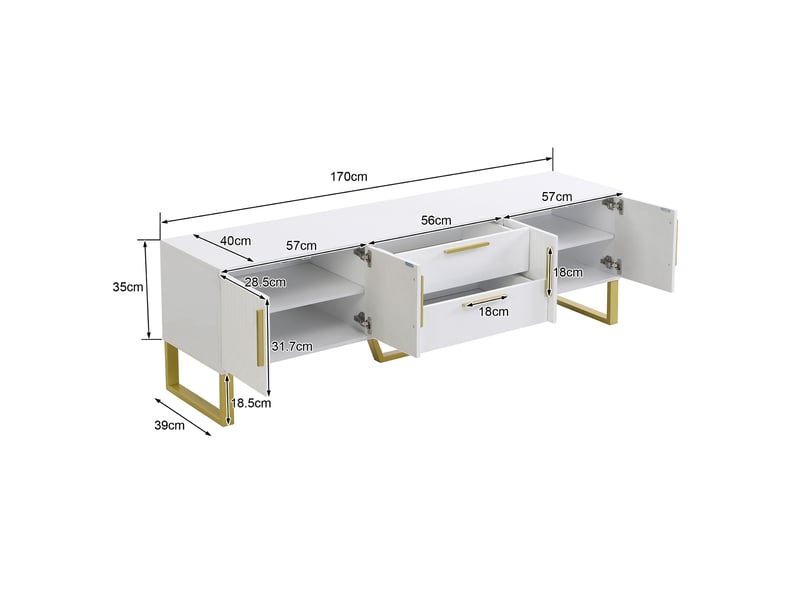  Meuble tv avec 4 portes, 2 tiroirs, étagères et passe-câbles, laqué brillant pour salon 170×40×53,5 cm en mdf blanc  - Conforama D