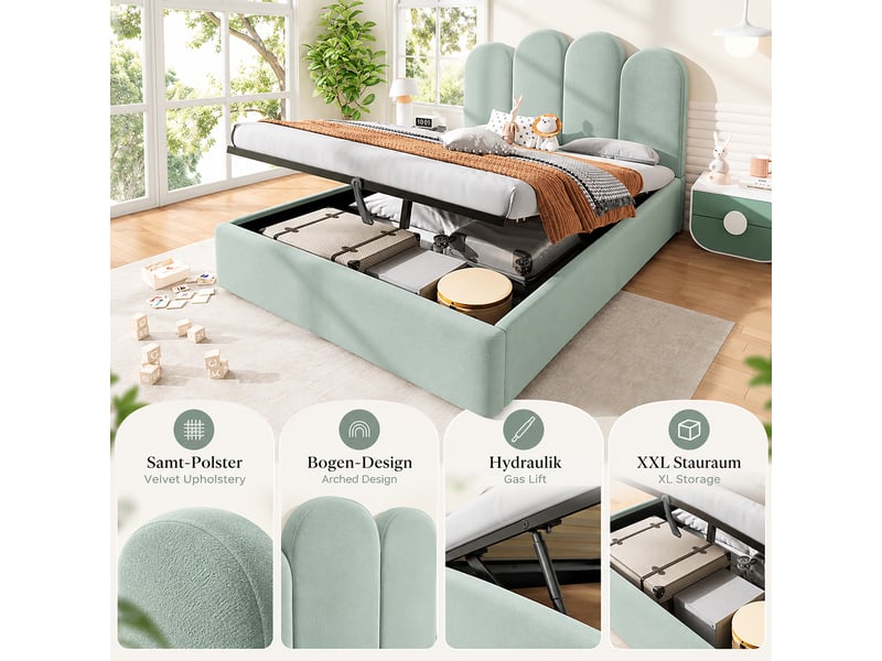 Lit coffre vert clair 140x200 cm en velours, tête arquée, base basse, support à lattes de contreplaqué, sans matelas - Conforama D