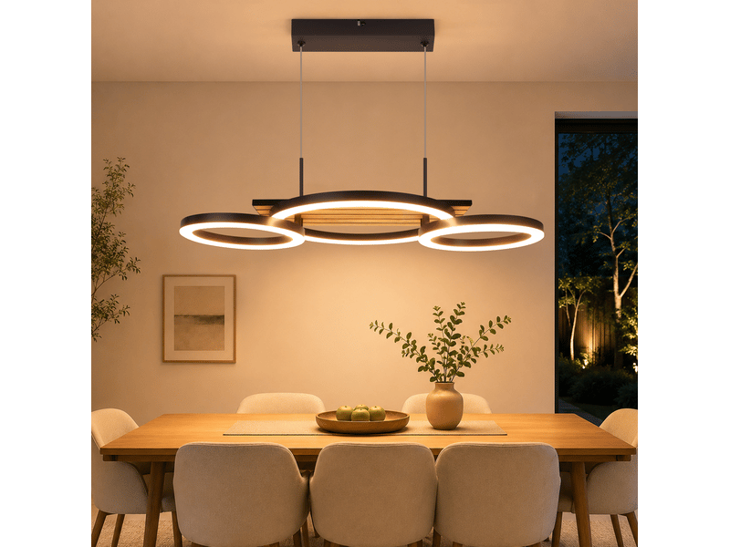  Zmh suspension led noir 58 cm 21 w suspension bois design 3 anneaux suspendue blanc chaud pour cuisine  - Conforama B