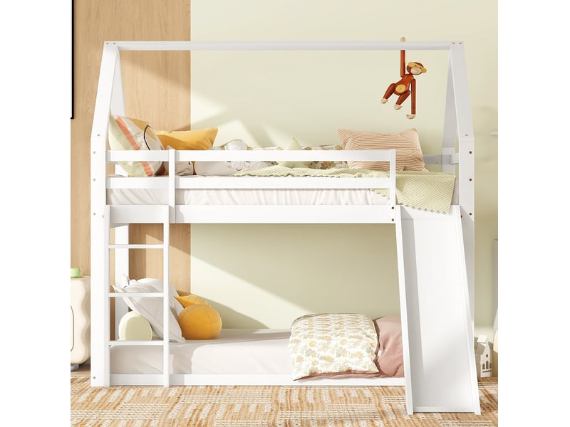  Lit superposé enfant cabane 90x200 cm avec toboggan et échelle, blanc  - Conforama E
