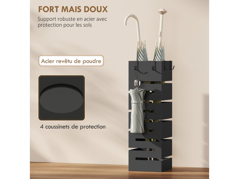  Porte-parapluie en métal rectangulaire, support pour 8 parapluies avec bac de récupération et crochets, noir  - Conforama R