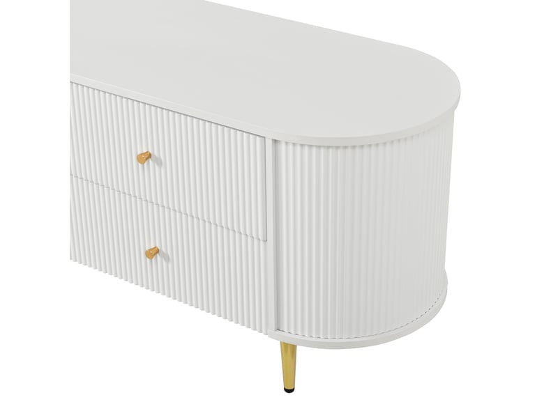  Meuble tv blanc,avec structure ondulée tridimensionnelle, bords arrondis, tiroirs et portes doubles, passe-câble  - Conforama E
