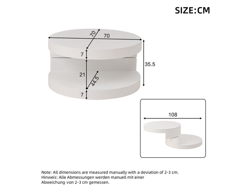  Table basse 70 x 70 x 35,5 cm, plateau pivotant à 360°, table d'appoint pivotante avec bande led, table cylindrique de salon en mdf, charge maximale 30 kg, structure à 2 niveaux, blanche  - Conforama C