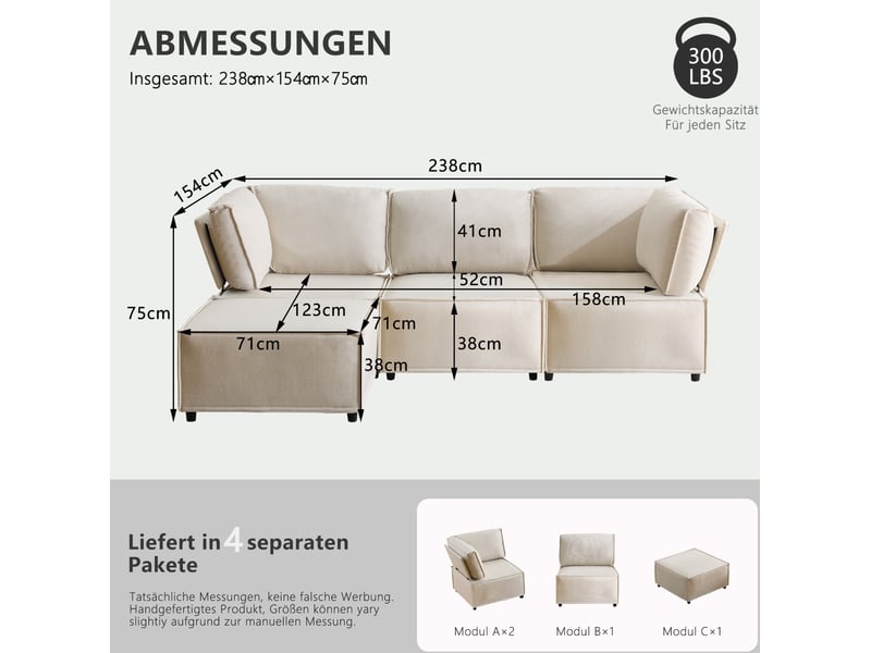 Canapé modulable modenvie convertible 4 places en tissu en lin beige 238 x 154 x 75 cm - Conforama C