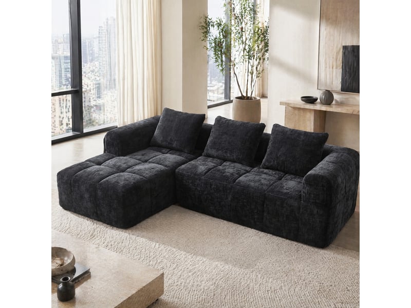  Canapé d'angle 3 places en chenille noir avec chaise longue et 3 coussins  - Conforama B