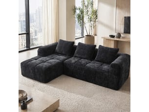Canapé d'angle 3 places en chenille noir avec chaise longue et 3 coussins