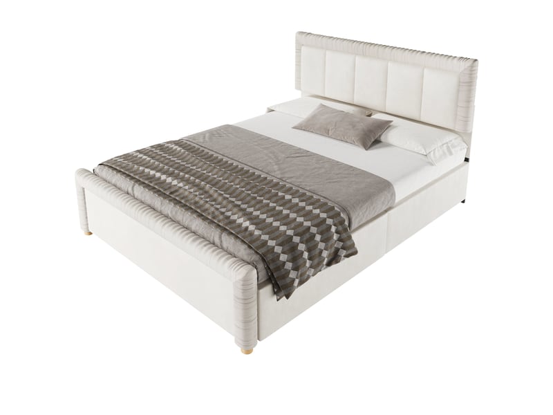  Lit 140 x 200 cm beige, velours français, deux tiroirs sous le lit et piètement bois élégant  - Conforama A