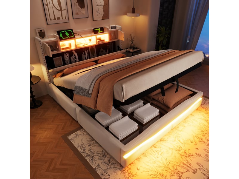  Lit rembourré, 160 x 200 cm, avec prise de chargement usb-c, éclairage d'ambiance sous le lit, tête de lit avec compartiment de rangement, lit coffre hydraulique, sans matelas, avec éclairage led, beige  - Conforama B