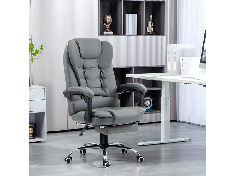  Fauteuil de bureau ergonomique avec inclinaison à 145° et repose-pieds escamotable, en similicuir gris.  - Conforama C