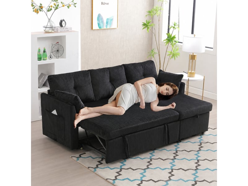  Canapé convertible 3 places, méridienne réversible, coffre et velours côtelé noir  - Conforama C