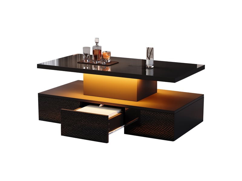  Table basse led 16 couleurs, table de salon noire avec tiroir et étagère, finition haute brillance, 100x50x39 cm  - Conforama D