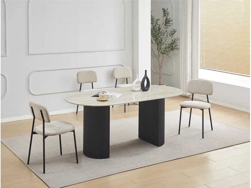  Table à manger céramique travertin brillant métal noir 180 cm 6-8 personnes – anna  - Conforama B