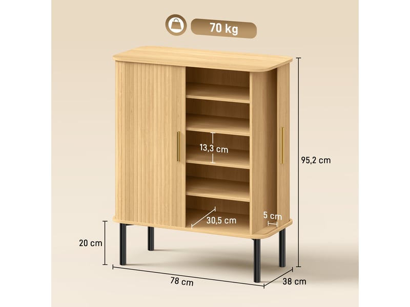  Meuble à chaussures à 5 étagères pour 15 paires de chaussures, portes coulissantes, étagères réglables, 78 x 38 x 95,2 cm, chêne  - Conforama E