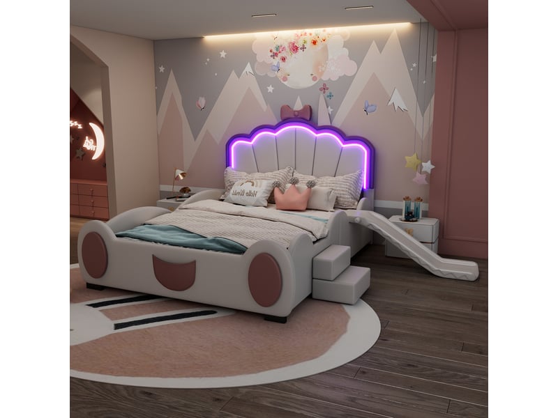  Lit enfant 200×140 cm en forme de papillon avec toboggan, marches et éclairage led, en pu et mdf rose et blanc  - Conforama C