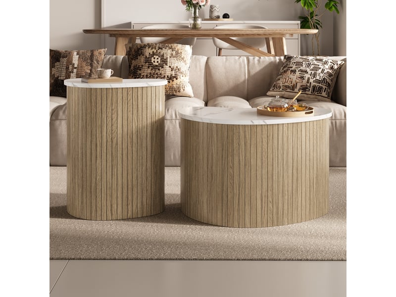  Lot de 2 tables basses 60x37x3840x25x50 cm, forme asymétrique, style scandinave, effet marbre et bois - naturel et blanc  - Conforama B