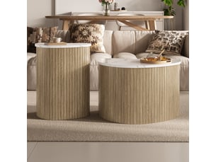 Lot de 2 tables basses 60x37x3840x25x50 cm, forme asymétrique, style scandinave, effet marbre et bois - naturel et blanc