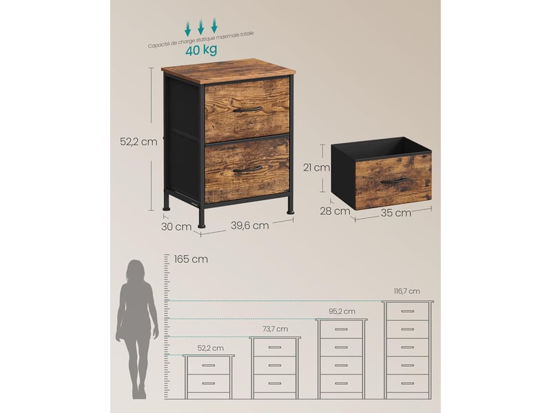  Commode de rangement moderne 30 x 39,6 x 52,2 cm 9 tiroirs pratique style rustique en mdf marron 12_0012391  - Conforama B