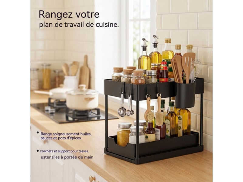  Rangement sous evier double etages avec tiroir coulissant noir 37,5 x 20,5 x 33,5 cm 414350_AABYJ79367_6_DROPFR - Conforama E