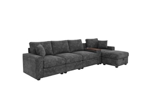 Canapé d’angle modulable 5 places en l – pouf avec rangement, table pivotante 360°, usbtype-c, porte-gobelets, tissu chenille – gris