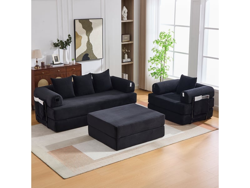  Canapé d'angle convertible 4 places en velours côtelé noir avec hocker, 4 coussins et poche latérale  - Conforama B