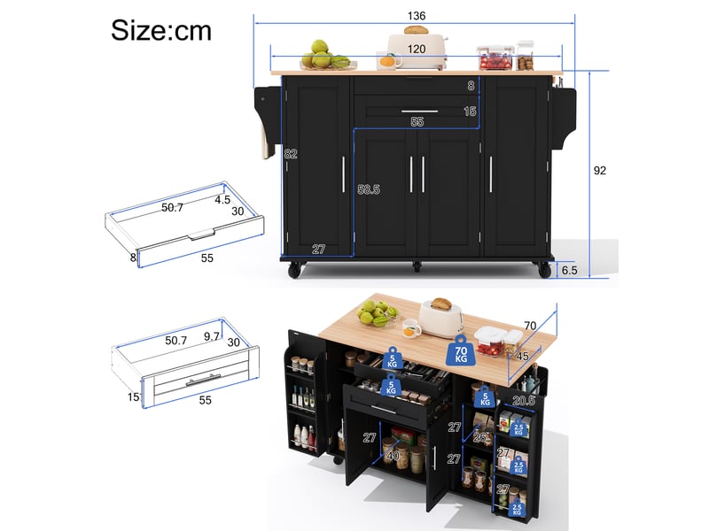  Desserte de cuisine 136x70x92 cm noire et naturelle avec plan de travail extensible  - Conforama C