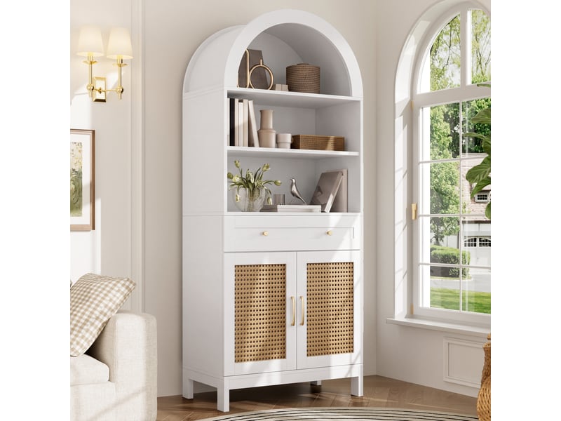  Vitrine meuble de rangement en mdf 70x40x170 cm avec portes en rotin, étagères ouvertes, tiroir et placard fermé - blanc et bois  - Conforama D