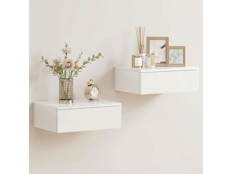  Ensemble de 2 tables de chevet murales avec tiroir, en aggloméré blanc, pour chambre à coucher  - Conforama A