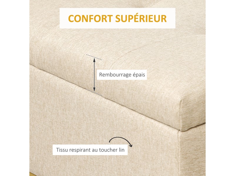  Banc banquette coffre de rangement 2 en 1 assise capitonnée et pieds acier beige et doré 110 x 44 x 48 cm  - Conforama E