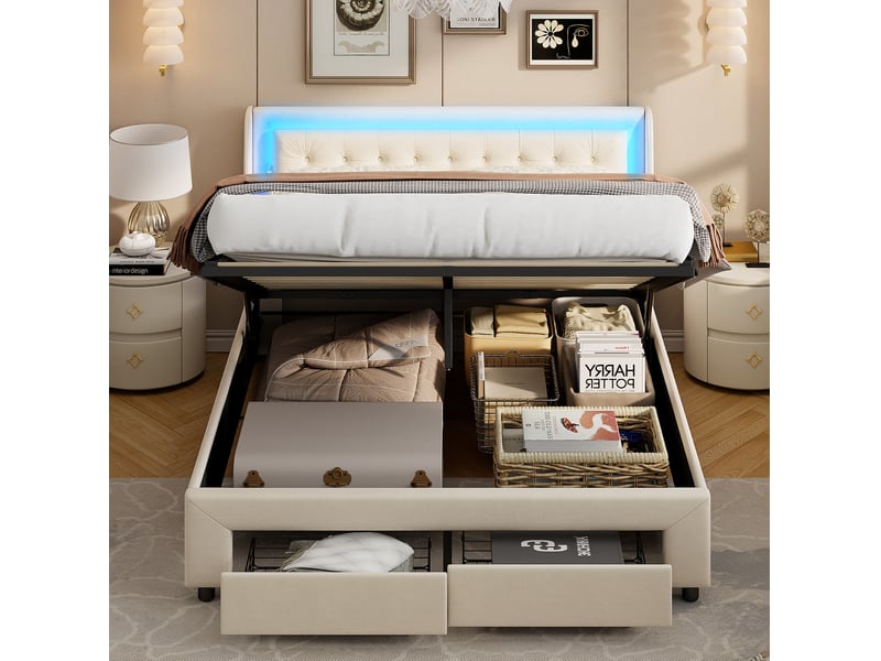  Lit rembourré modenvie 140 x 190 cm avec tiroirs et éclairage 6 couleurs beige bois et tissu  - Conforama E