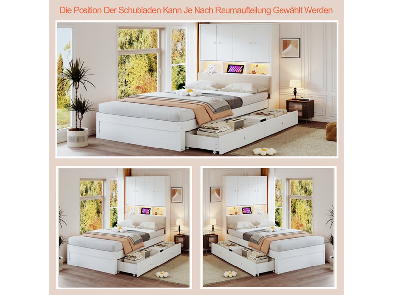  Lit simple 90 x 200 cm en bois blanc, rangements, tête capitonnée, led et port usb  - Conforama D