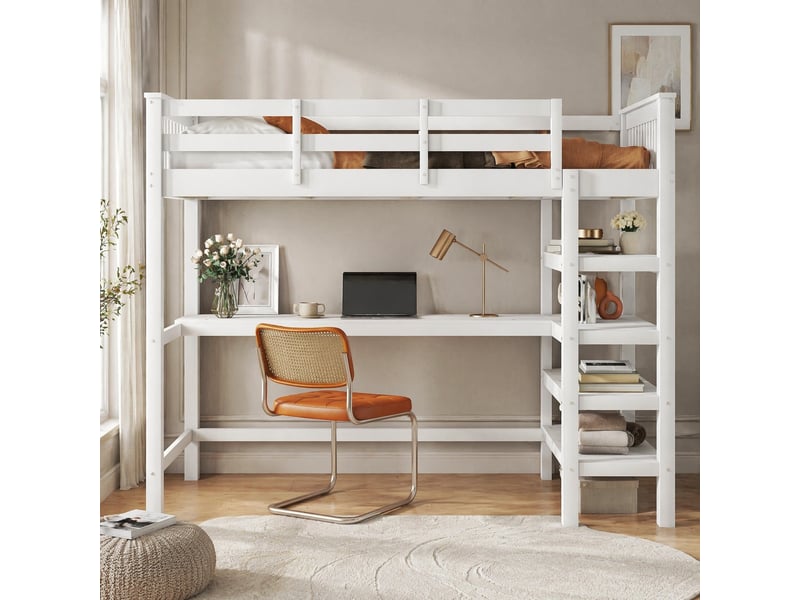  Lit mezzanine enfant 90x200 cm avec bureau et étagères blanc  - Conforama D