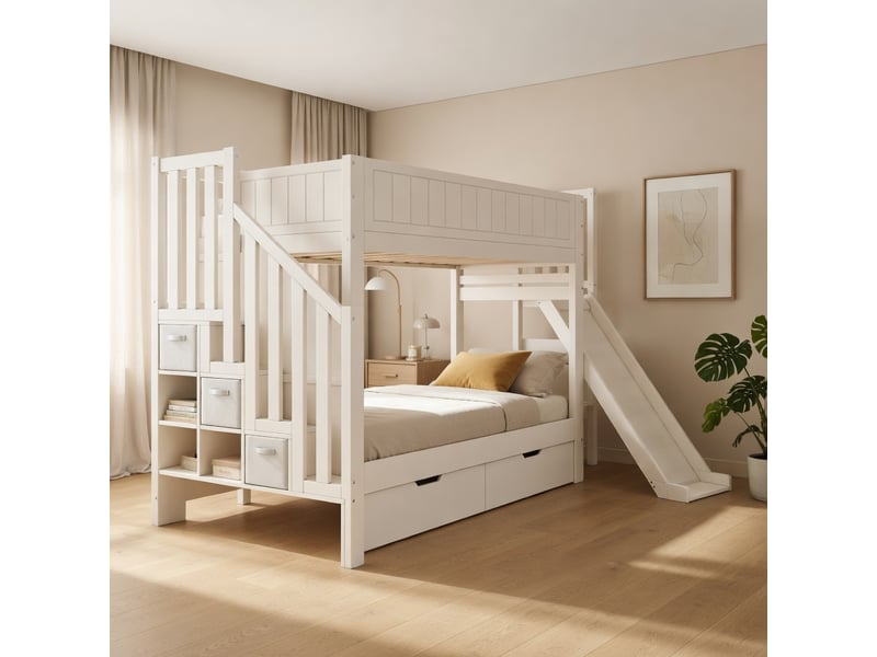 Gutenacht lit superposé 90x200 cm blanc avec toboggan, échelle-rangement et tiroirs - Conforama C