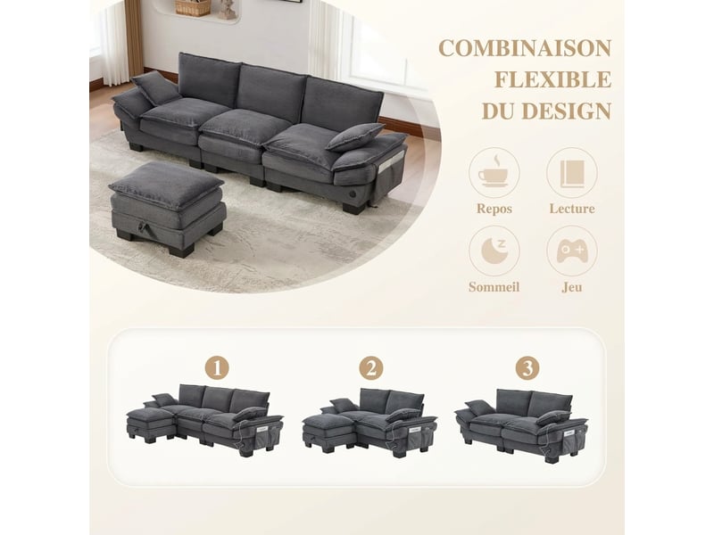  Canapé modulaire avec pouf rangement 260 x 132 x 84 cm - velours côtelé et usb-c intégré  - Conforama R