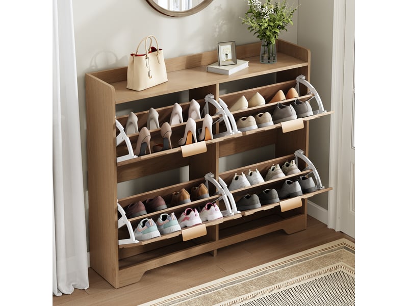  Meuble à chaussures avec 4 abattants et plateau supérieur, façade 3d, pour entrée, mdf naturel, 105 × 24 × 90 cm  - Conforama D