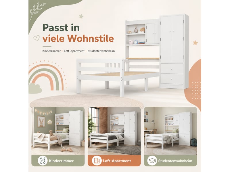  Lit simple enfant 90x200 cm – blanc – rangement intégré avec armoire, tiroirs et étagères – sans matelas  - Conforama E