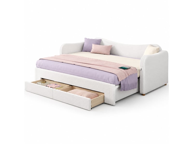  Lit banquette extensible 90 x 200 cm beige en tissu bouclé, 2 tiroirs, ports usb et type-c, couchage 180 x 200 cm  - Conforama A