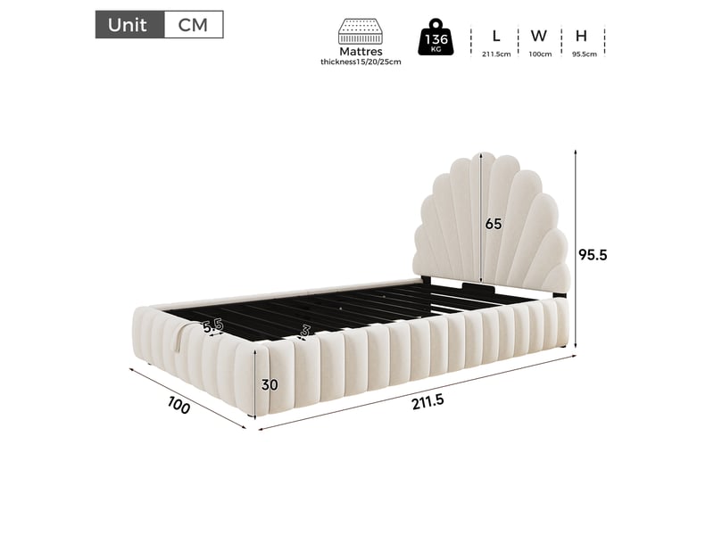  Lit enfant coffre rembourré 90x200 cm avec grand rangement hydraulique, tête de lit capitonnée en forme de fleur, sommier à lattes, velours, beige  - Conforama E