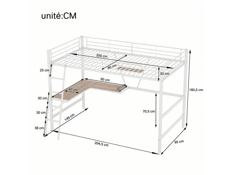  Lit mezzanine 90 x 200 cm avec bureau en l et étagère, structure en métal blanc pour chambre enfant et ado  - Conforama C