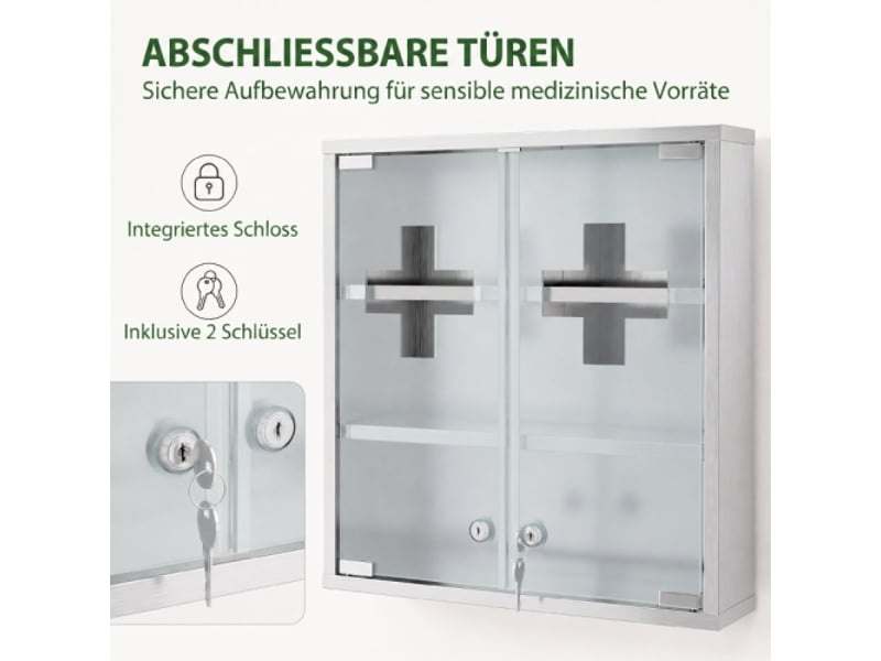  Armoire à pharmacie verrouillable argentée, 48 x 46 x 12 cm, porte vitrée, 6 étagères et 2 clés  - Conforama E