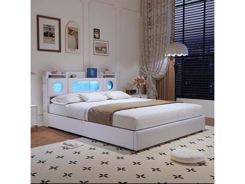  Lit coffre 140x200 cm - pu blanc - sommier à lattes - lit double - tête de lit avec led et ports usbtype-c  - Conforama W