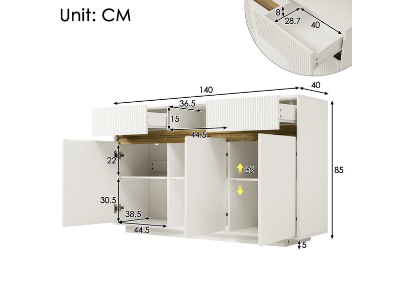  Buffet blanc à led 140 x 40 x 85 cm, 2 tiroirs, 3 portes, étagères réglables  - Conforama C