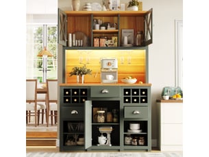 Armoire de cuisine haute led et usb - étagères réglables, mdf et verre vert antique 120 × 45 × 188 cm