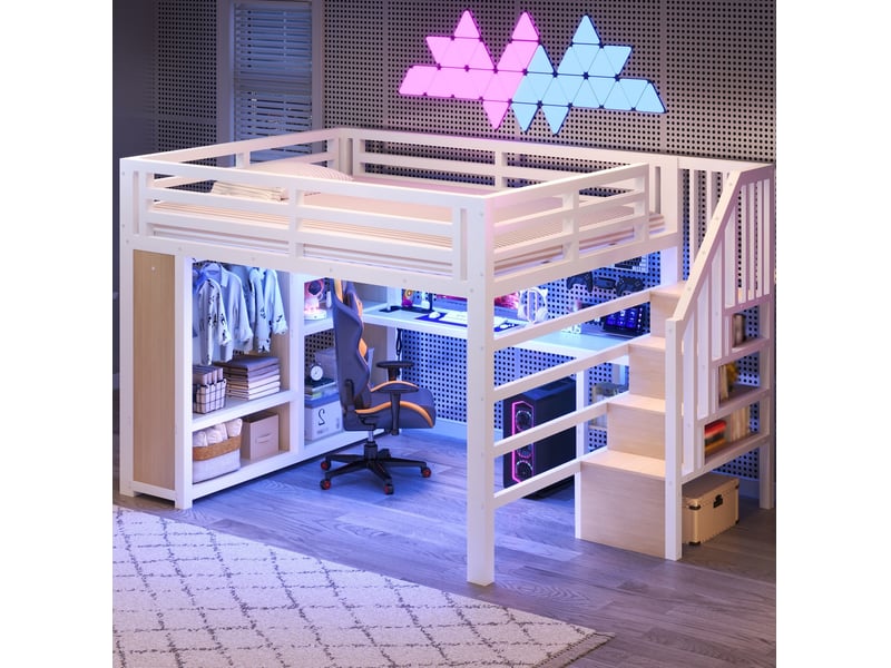 Lit mezzanine 140 × 200 cm en métal avec bureau, penderie ouverte, led, escalier de rangement blanc - Conforama E
