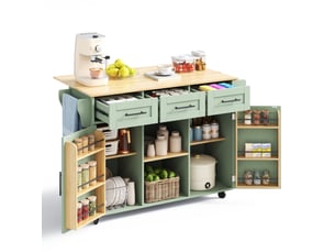 Desserte de cuisine 139x46-71x91,5 cm vert antique en mdf, plateau rabattable, roulettes et rangement