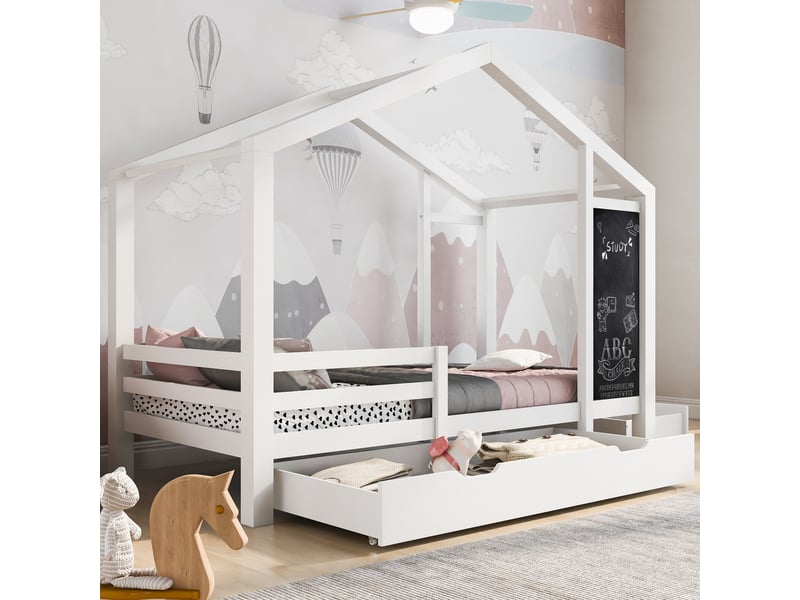  Lit cabane enfant 200×90 cm avec tableau et 2 tiroirs, sommier inclus, sans matelas, en pin massif blanc  - Conforama C