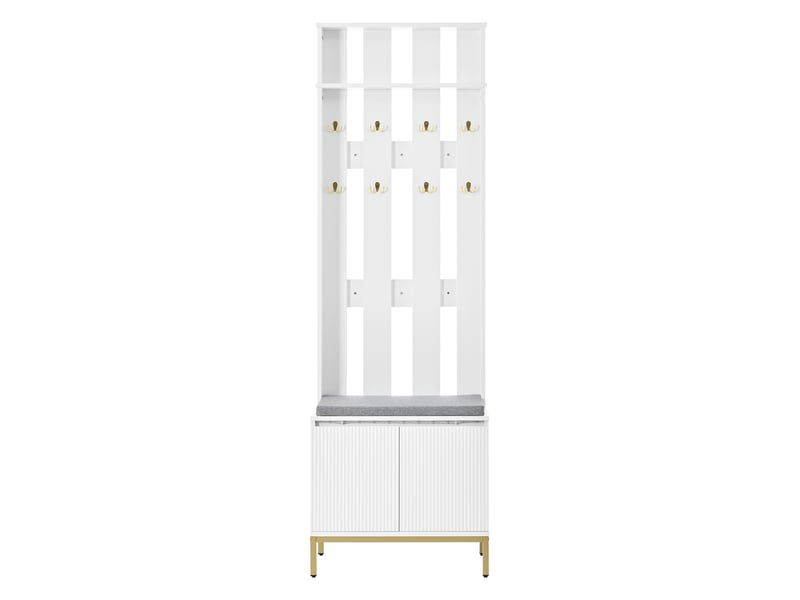 Banc d’entrée blanc, 8 patères dorées, rangement chaussures, assise, led  - Conforama A