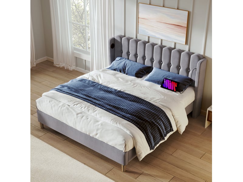  Lit rembourré tcqpz 160 x 200 cm avec fonction de charge usb et type-c gris en lin  - Conforama D