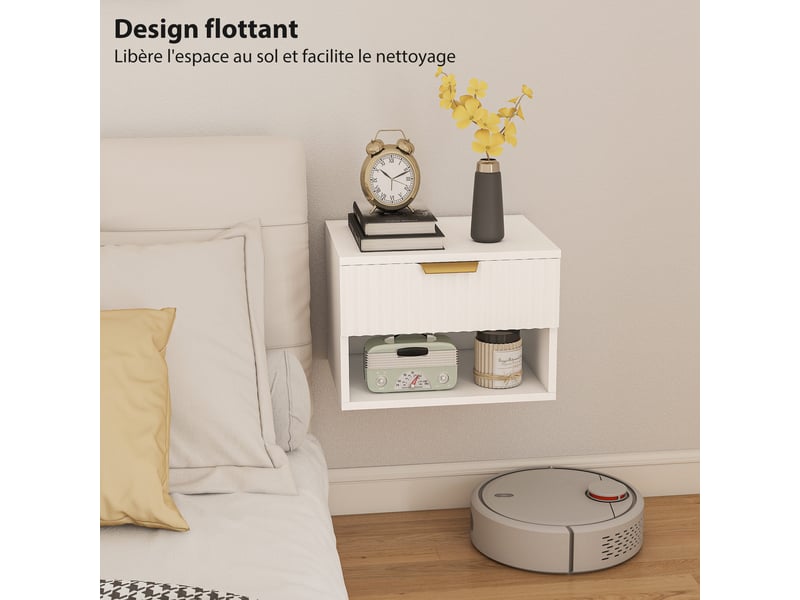  Lot de 2 tables de chevet suspendues, tables de nuit murales avec tiroir et niche, moderne, blanc, 40x34x29cm  - Conforama R