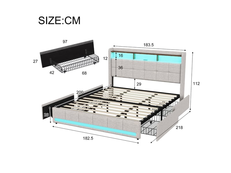  Lit rembourré 180 x 200 cm, lit double avec éclairage led et 4 tiroirs, tête de lit avec espace de rangement et port usb, lin, beige 231205TT0703#AD4s7HWY7lDELLM - Conforama E